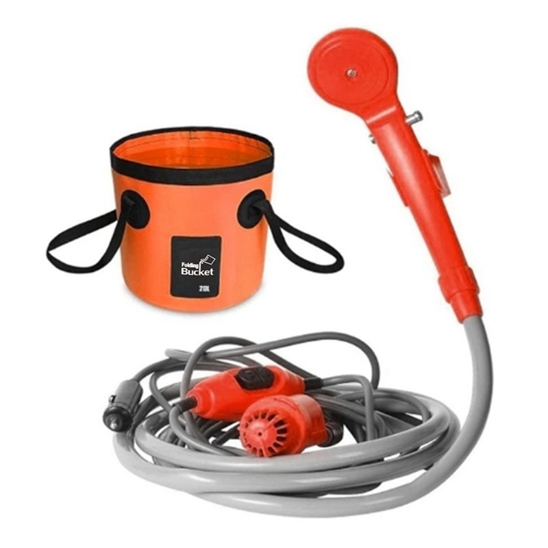 AU05 -12V Portable Car Washer Camping Shower High Pressure Car Shower Set Electric Pump Sprayer with Folding Bucket: Orange