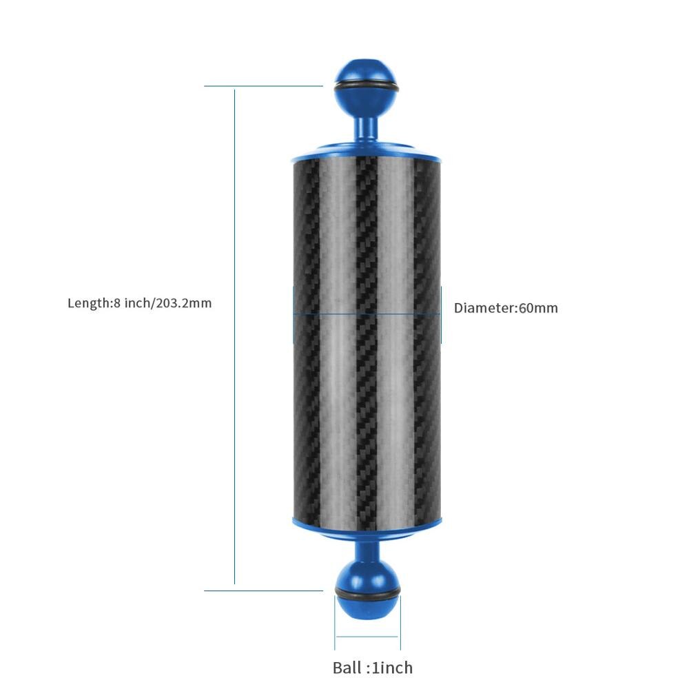 Bandeja de extensión de fibra de carbono para Gopro yi EKEN y DJI OSMO Action, flotador de brazo acuático de flotabilidad, cámara SLR de doble bola para buceo: 8inch D60mm Blue