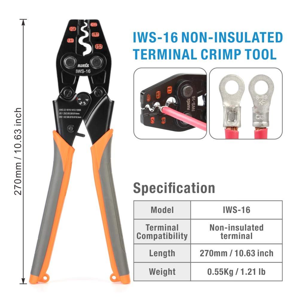 IWISS IWS-16 Ratchet Crimping Tool for Non-Insulated Terminals from AWG 22-6 with Polished Jaw crimping pliers