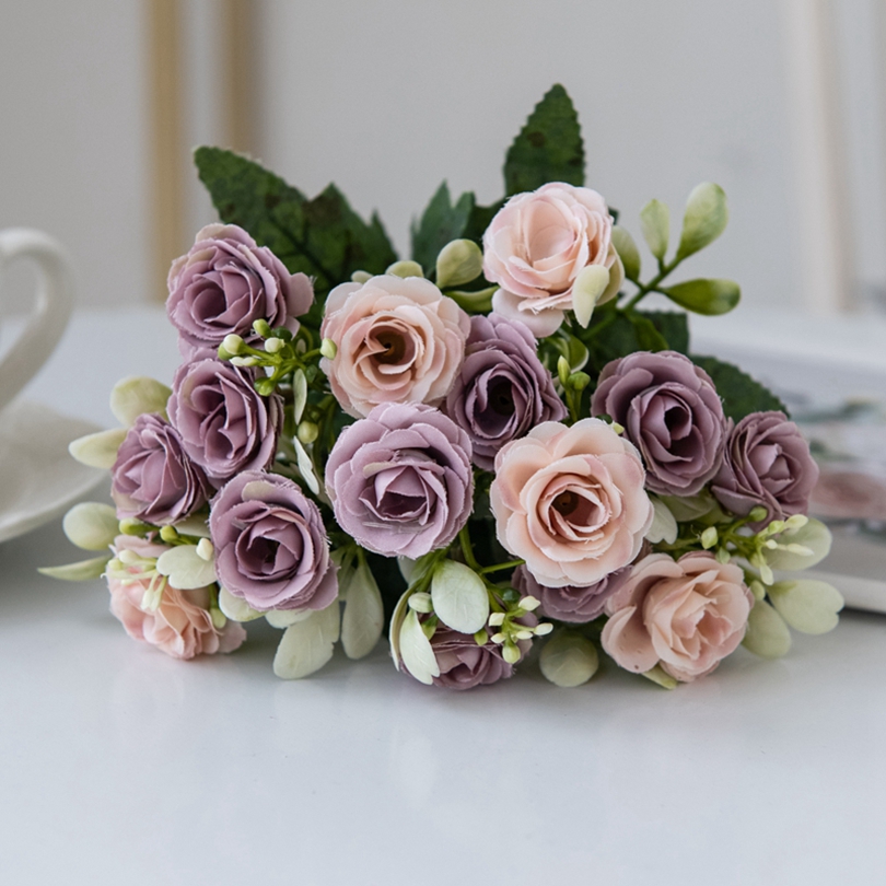 5 fork 15Head Silk Rose For Wedding arch Christmas Wreath Decoration Home Living Room bonsai Photography prop Artificial Flowers: PURPLE