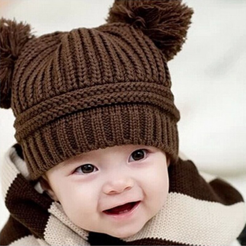 Gorro de punto de lana con dos pompones dobles para niños y niñas de 1 a 3 años, invierno,