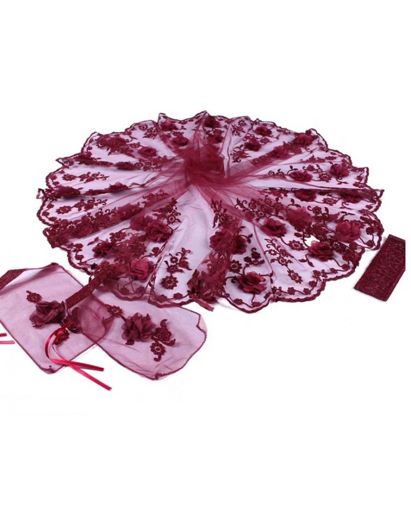 Ensemble de voile de mariée brodé en henné 3D, avec fleurs et paillettes, accessoire de nuit de mariage, de mariage, de couleur rouge bordeaux, modèle