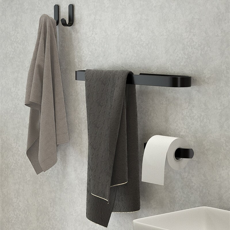 Toallero de aluminio sin clavos para baño, soporte de toalla de baño sin agujeros, color negro