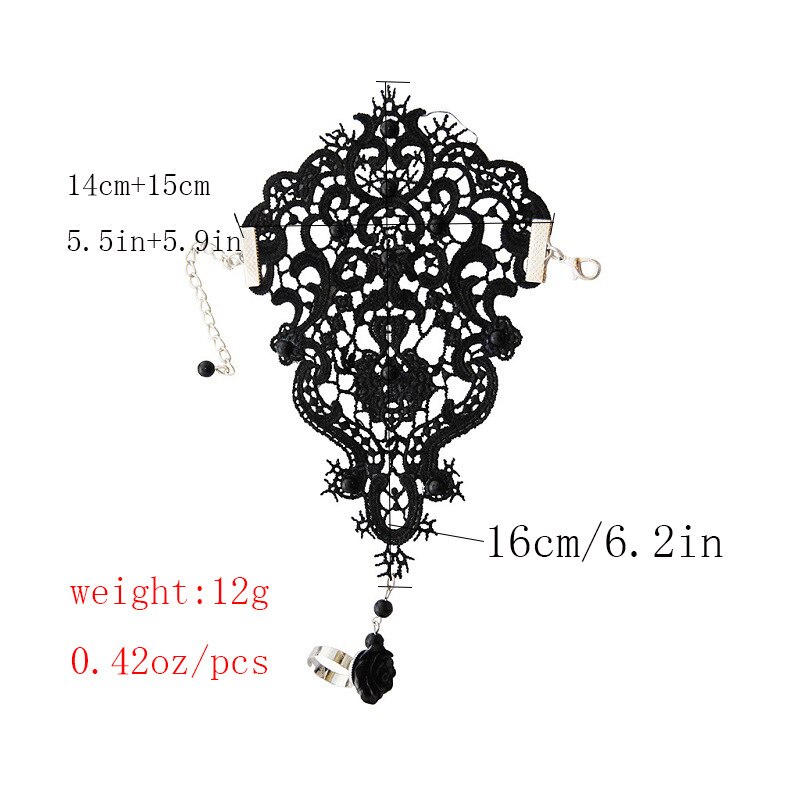 Ślub z czarnym kwiatem róża taśma koronkowa bransoletka i regulowany zestaw pierścieni panna młoda dla nowożeńców ręcznie wykonane rękawiczki nadgarstek biżuteria akcesoria