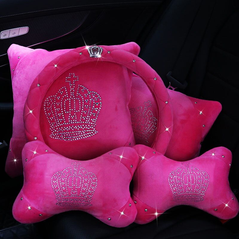 Crystal Crown Auto Car Neck Pillow Pink Car Seat Head Neck Auto Headrest Support Rest Cushion Bling Car Accessories Women