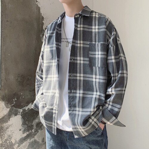 Koreansk stil casual oversize långärmad rutig skjorta i bomull: Grå / Xl