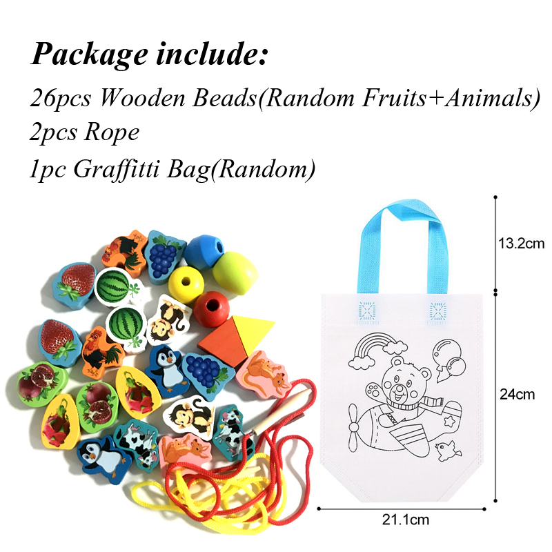 26Pcs Wooden Toys Baby DIY Toy Cartoon Fruit Animal Stringing Threading Wooden beads Toy Monterssori Educational for Kids GYH: 26FruitAnimal 1TSBag