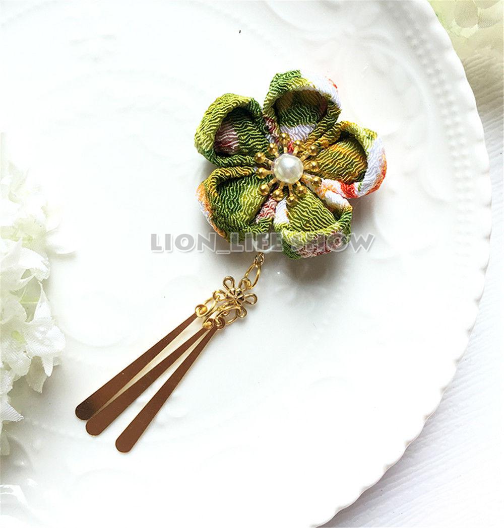 Kimono tradicional japonés Yukata flor tocado horquilla con flecos: Verde militar