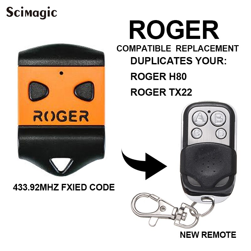 Portail de garage à distance ROGER 433.92MHz | Duplicateur de clé clone pour ROGER H80 TX22 E80 TX52R TX54R