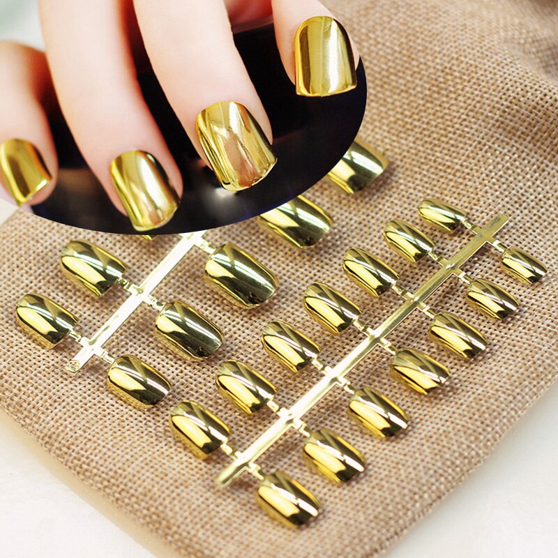 Sexy False Metallic Nails Tips Acrylic Mirror Shining Surface Gold 24pcs Short Hand Nails