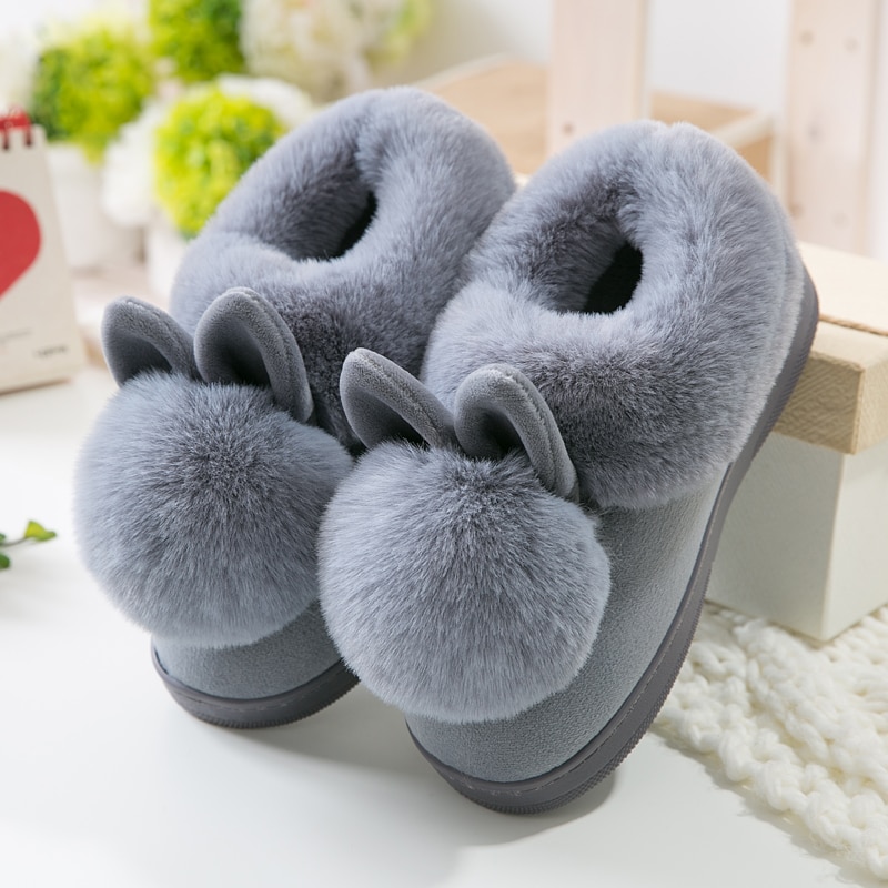Herfst Winter Katoen Slippers Bont Konijn Thuis Warme Dikke Bodem Indoor Katoen Schoenen Kat Slippers Dames Slippers Schattige Pluizige