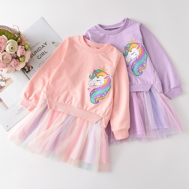 Menoea Meisje Lente Cartoon Jurk 2022 Herfst Stijl Leuke Vestido Volledige Mouw Eenhoorn Patchwork Kids Mesh Jurken Prinses Kleding