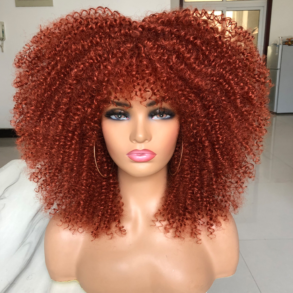 Perucas afro encaracoladas para mulheres negras, perucas sintéticas afro encaracoladas com franja, cabelo longo e fofo e encaracolado: #350