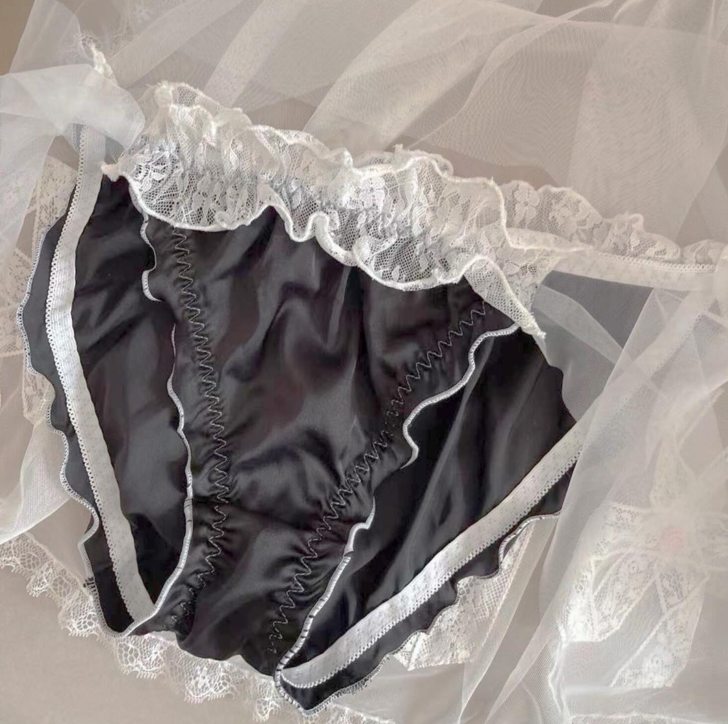 Bragas sexys de Lolita Kawaii, ropa interior de satén sedoso con encaje y volantes laterales, , M, L, XL,: Negro / M