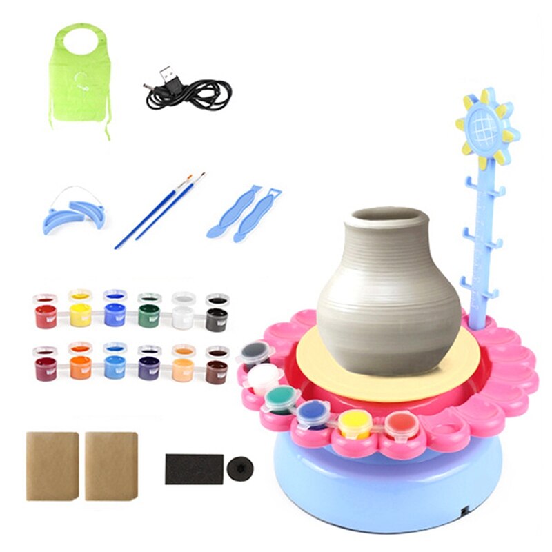 Mini Electric Pottery Machine Household Pottery Making Toy Interactive Game DIY Handicraft Ceramic Kit: Blue