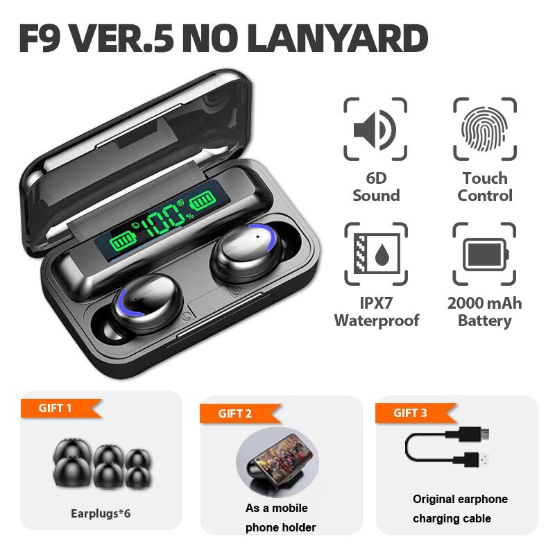 AMOI – écouteurs sans fil Bluetooth F9 TWS IPX7, oreillettes de Sport 9D, affichage, micro, casque d'écoute pour Iphone Xiaomi Huawei: Ver5.t no lanyard