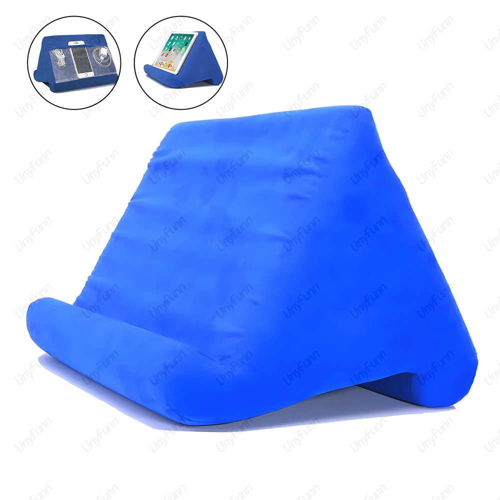 Zachte tabletkussenshouder met kabelzak Pad Tabletbeugel Dock voor schootbed en bureau voor iPad Telefoon Kindle Leesstandaard: Blauw