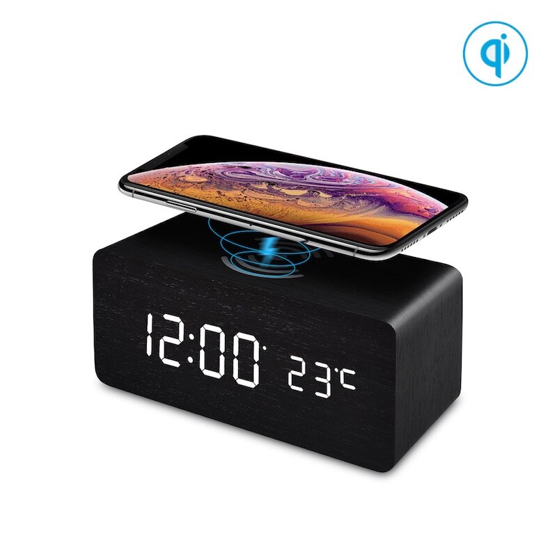 FiBiSonic Holz LED Digital Tisch Wecker mit Mit Qi kabellos aufladen Pad Kompatibel Mit Für Iphone Samsung: Schwarz Weiß