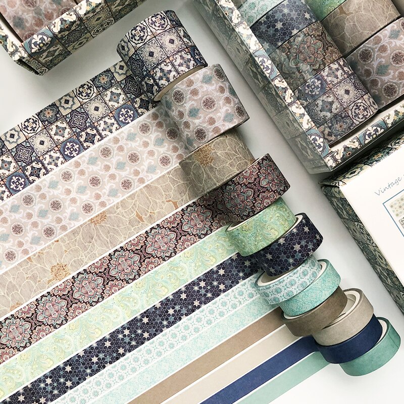 12Pcs/Set Multi-color Washi Tape Solid Color Masking Tape Decorative Adhesive Tape Sticker Scrapbooking Diary Stationery Supply: Vintage Pattern