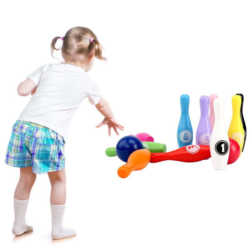 Juego de bolos de madera para niños, juego de bolos de 10 pines y 2 bolas, para interior, 12 unidades