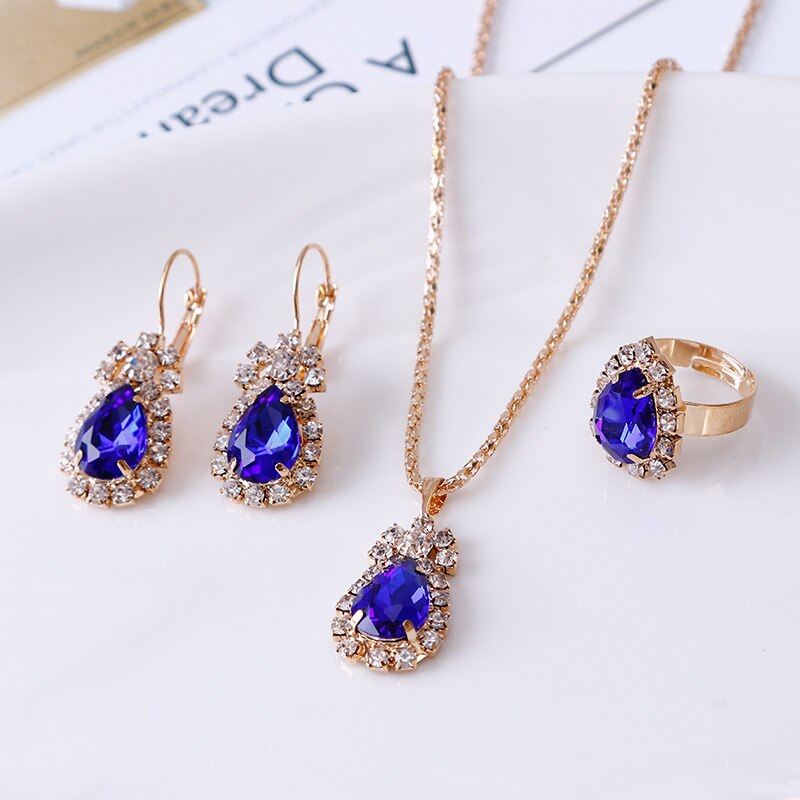 Trendy Party Goud Kleur Water Shape Crystal Oorbellen Ketting Verstelbare Ringen Bruids Sieraden Sets Voor Vrouwen: Blue