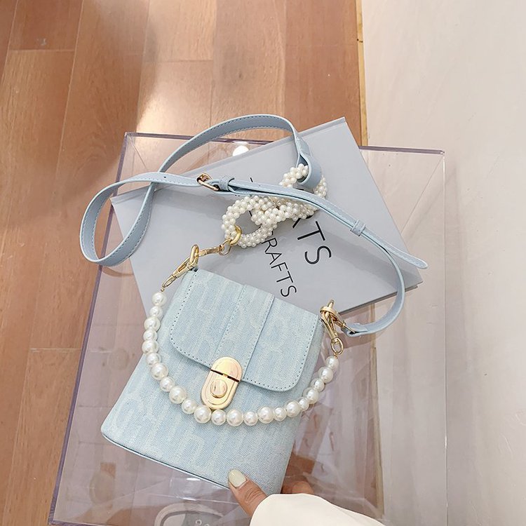 nueva perla de lujo de las mujeres con cadena de cuentas cubo vaquero bolso de hombro tipo bandolera femenina Mini bolso de