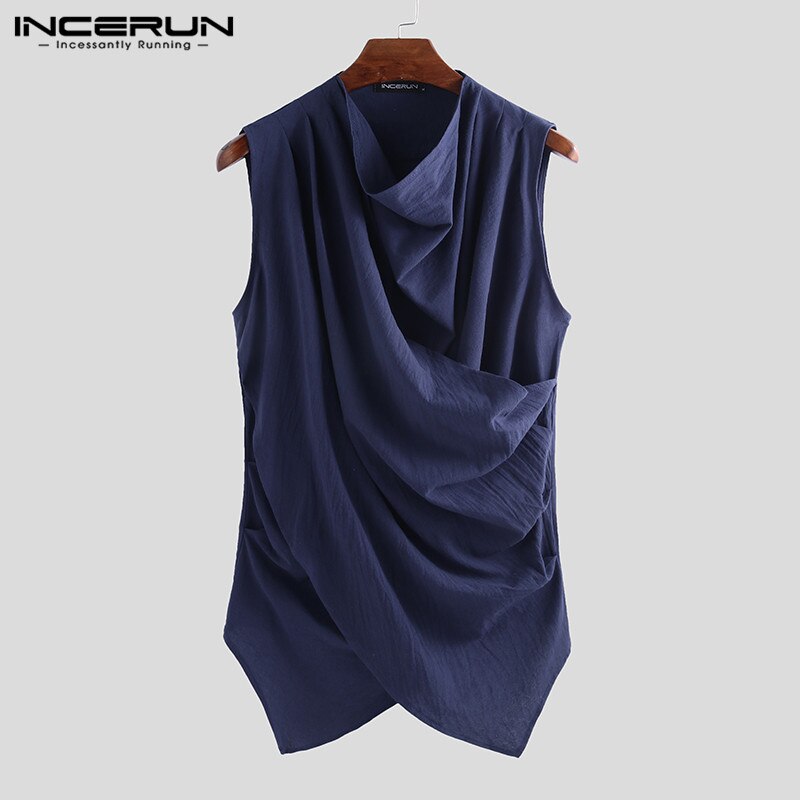 Mannen Mode Pure Kleur Crew Casual Tank Tops Retro Baggy Comfort Katoen Zomer Heren Mouwloos Onregelmatige Tops Streetwear Incerun: Navy / XXXL