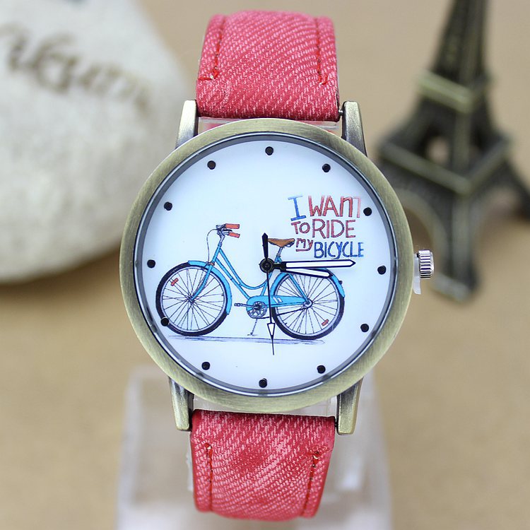 New Fashion Men orologio da bicicletta donna Jean tessuto cinturino in pelle abito orologi Relogio Feminino orologio al quarzo Casual da donna ora calda: red