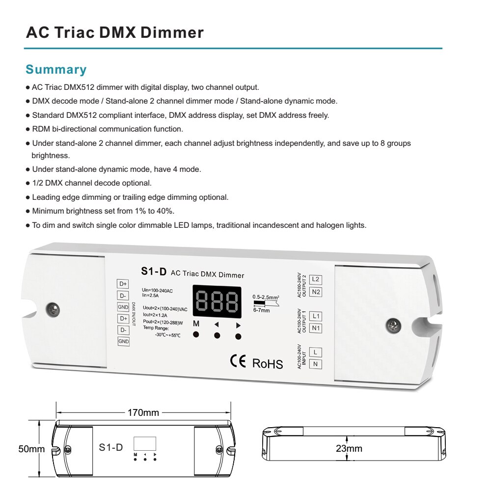 Ac triac dmx 512 dimmer 220v 230v 110v 120v 240v dual channel dimbare dmx controller led lamp triac dimmer schakelaar  s1- d