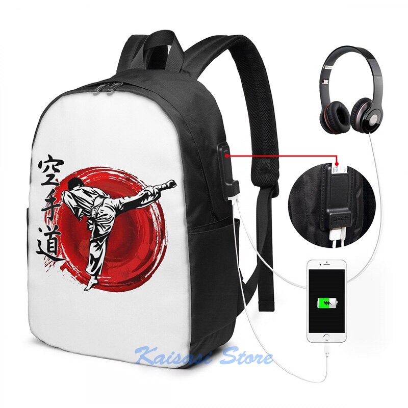 Zabawny wydruk graficzny karate plecak z ładowarką USB mężczyźni torby szkolne kobiety torba podróżna torba na laptopa: USB Backpack 17 in