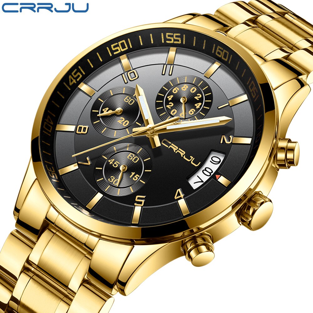 CRRJU cronógrafo relojes duraderos hombres Casual negocios impermeable oro negro Acero completo cuarzo reloj Relogio Masculino 2214