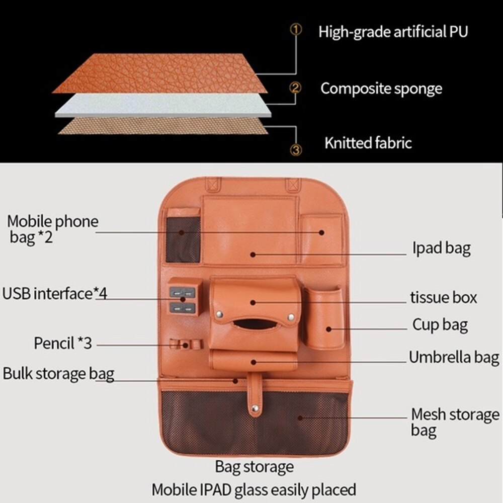 Car Storage Bag 4 USB Charger Pu Leather Travel Multifunction Pocket Stowing Tidying Car Seat Back Bag Car Organizer