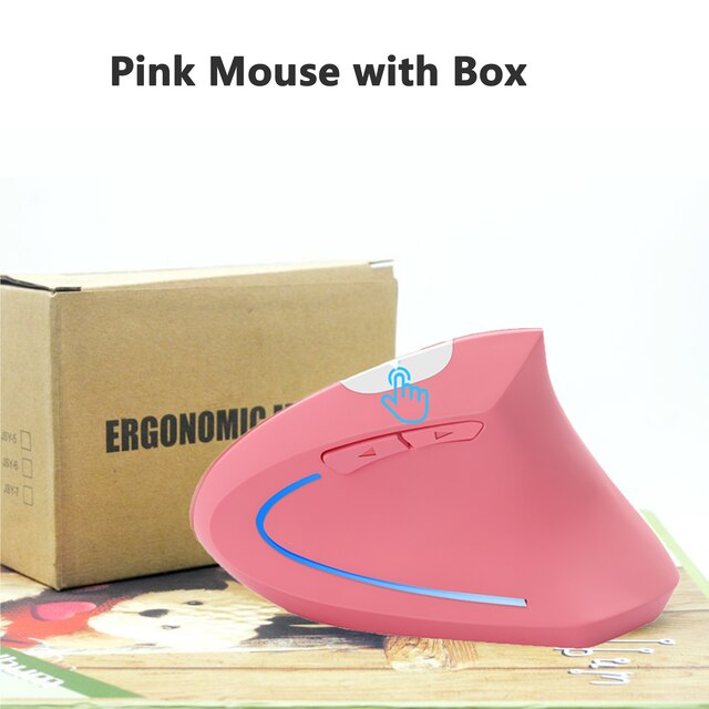 Wireless Right Hand Vertical Mouse Ergonomic Gaming Mouse 2.4G 1600 DPI USB Optical Wrist Healthy Mice Mause For PC Computer: Pink Mouse and Box