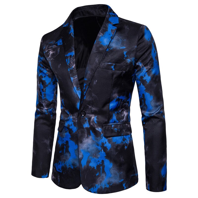 Xingdeng casual blazer herre slim fit jakke mønster trykt blaser homens herre blazer personality jakke rød blå m -3xl: Blå / L