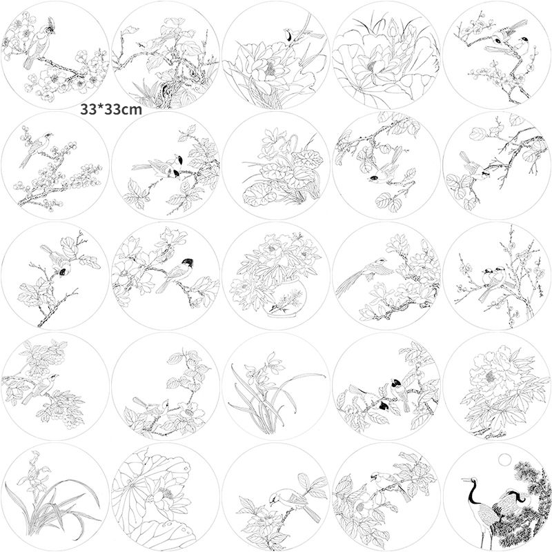 Meticulous Painting Round Fan Line Draft Beginner Line Drawing Print Manuscript Paper Traditional Chinese Painting Flower Bird: silver