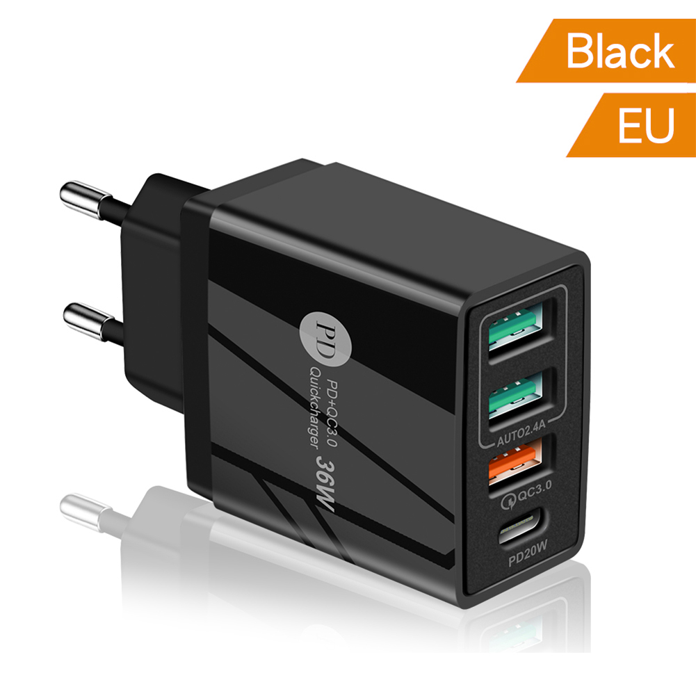 4 porty 36W ładowarka do telefonu komórkowego 2.4A PD 20W szybkie ładowanie 3.0 USB typ C ładowarka ścienna do iPhone 13 12 11 Xiaomi Samsung: Black-EU plug