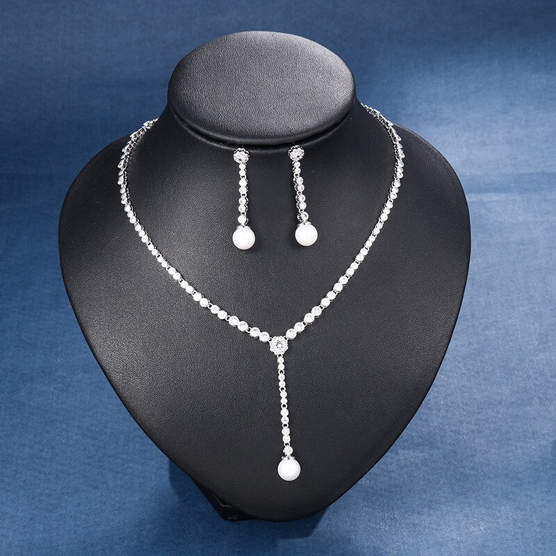 WEIMANJINGDIAN Nuovo Arrivo Borsette di Goccia Della Perla e Lunetta Impostazione cubo Zirconia CZ di Cristallo di Cerimonia Nuziale impostato di Gioielli Da Sposa