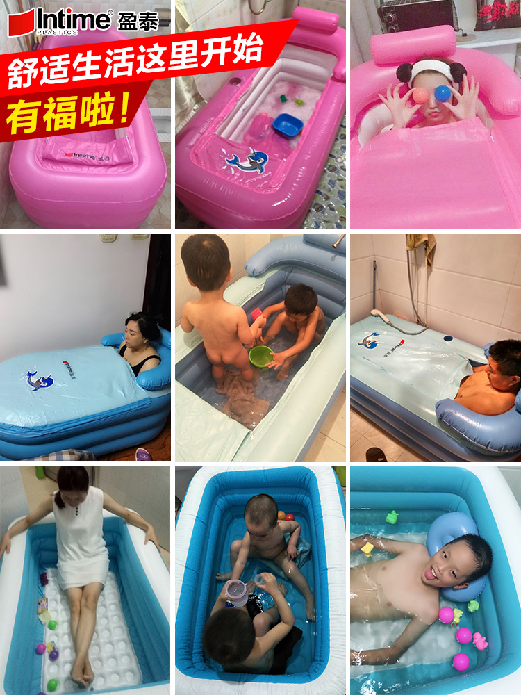Folable oppusteligt badekar plastfoliebadekar voksen badekar bundisolering med 2 afløbsåbning lyserødblå 155*84*66cm