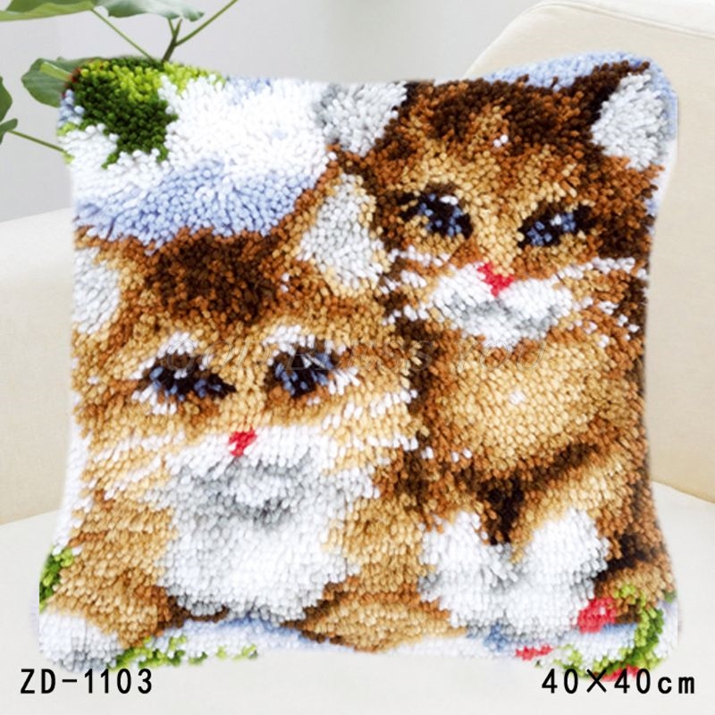 Animal Series Latch Hook Rug Kits Dogs 3D Segment Embroidery Pillow Wool Cross Stitch Carpet Embroidery DIY Latch Hook Pillow: 1103-Double Cats