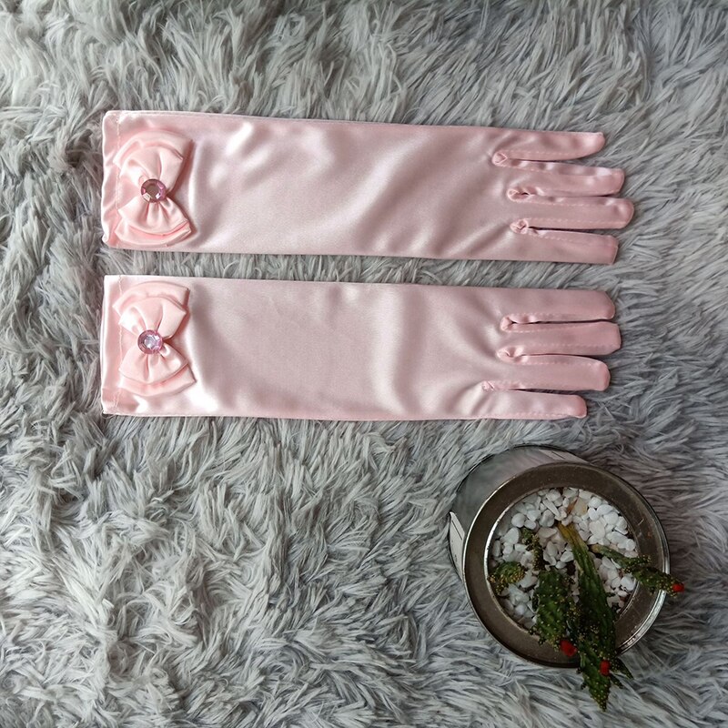 Guantes largos de baile de princesa para niños, vestido de novia de satén para niñas, accesorios de disfraz con lazo, de cumpleaños y Navidad: pink