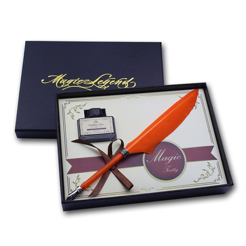 Mini Antique Europe Style Feather Pen Set Quill Calligraphy Writing Pen: Orange