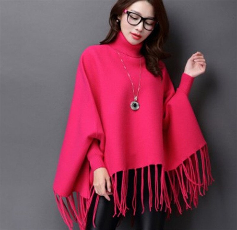 Otoño Invierno mujer Casual Pullover mujeres capa con borlas de punto capa suelta Boho Poncho capas chal suéter sólido abrigo A70: rose red