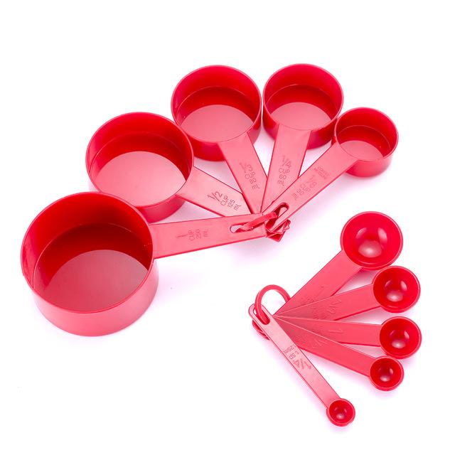 10 Uds 7 Color tazas de medir y cuchara medidora tipo pala mango de silicona herramienta de medición para cocina: Rojo