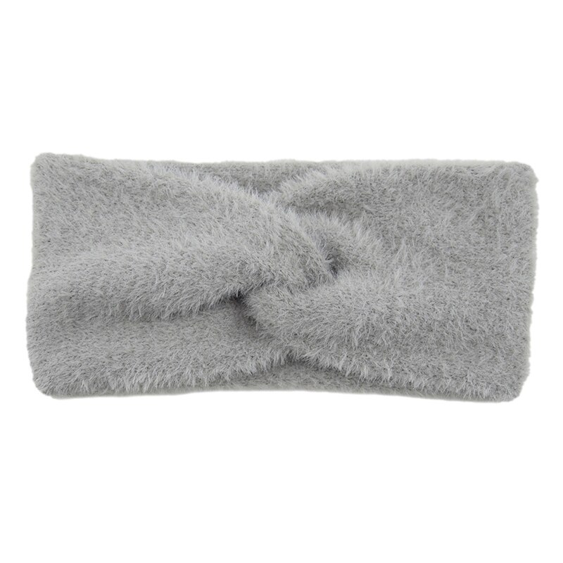 Diademas mullidas con nudo hechas a mano para mujer, bandanas de imitación de visón y Cachemira con lazo sólido, diademas sencillas con calentador de orejas, diadema para mujer: grey