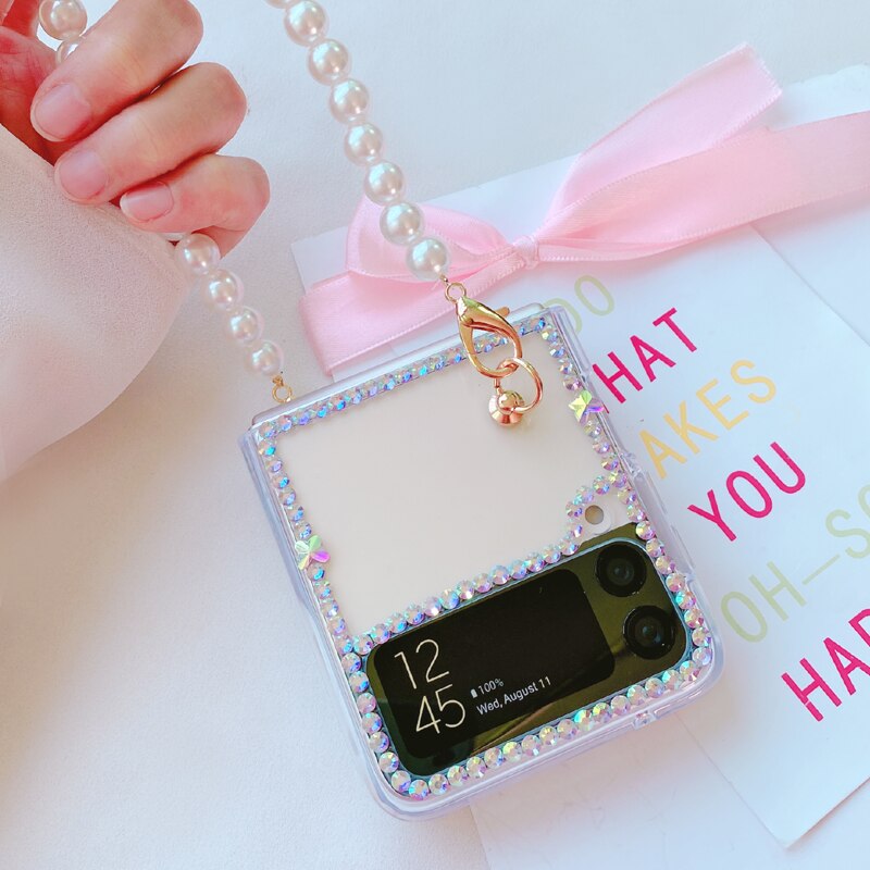 Pearl Bracelet Chains Rhinestone Phone case For Samsung Galaxy Z Flip / Z Flip 3 Diamond Cover