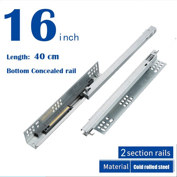 Rails coulissants de Support cachés pour meubles et tiroirs, Long en deux parties, à fermeture souple: 16inch