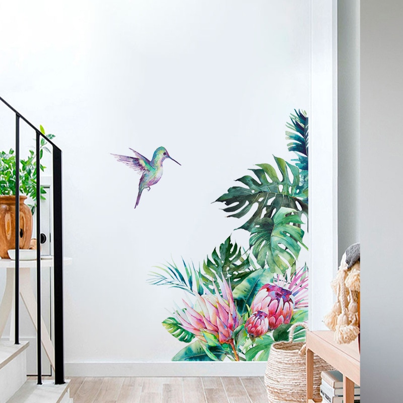 Tropische Bladeren Bloemen Vogel Muurstickers Multicolor Slaapkamer Woonkamer Home Decor Decals Koelkast Stickers Muur Poster