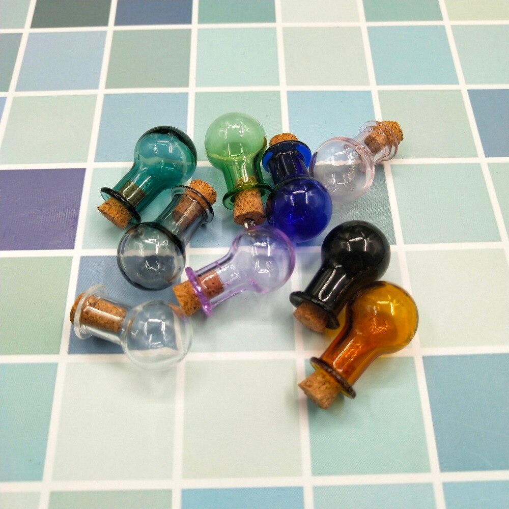 10 stks/partij Mini Glazen 9 Kleuren Fles Flessen Model Leuke Lamp Vorm Flessen Met Kurk Kleine Tiny Glazen Potten flesjes Hanger