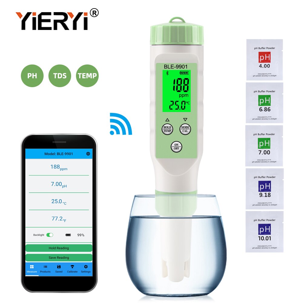 Yieryi tds ph meter ph/tds/ec/temperaturmåler digital vandmonitor tester til pools, drikkevand, akvarier: Ble -9901