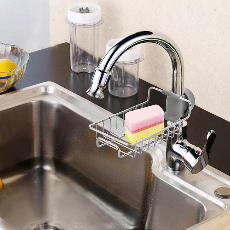 Spons Houder, Verstelbare Rvs Kraan Gemonteerd Spons Houder Voor Gootsteen Caddy Zeep Borstel Afwasmiddel Dr